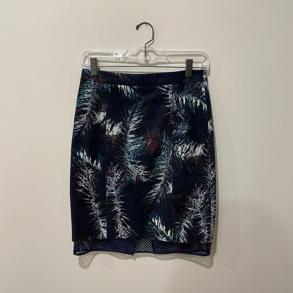 Club Monaco Alessandra Navy Palm Leaf Print Mesh-Trim Pencil Skirt - Picture 2 of 9